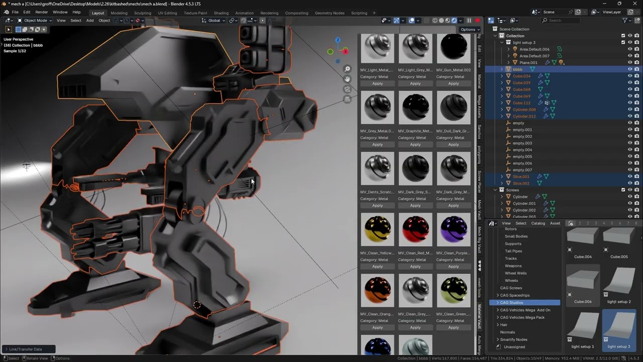 Hard Surface Demo of a Mech with texturing done with Material Vault add on 