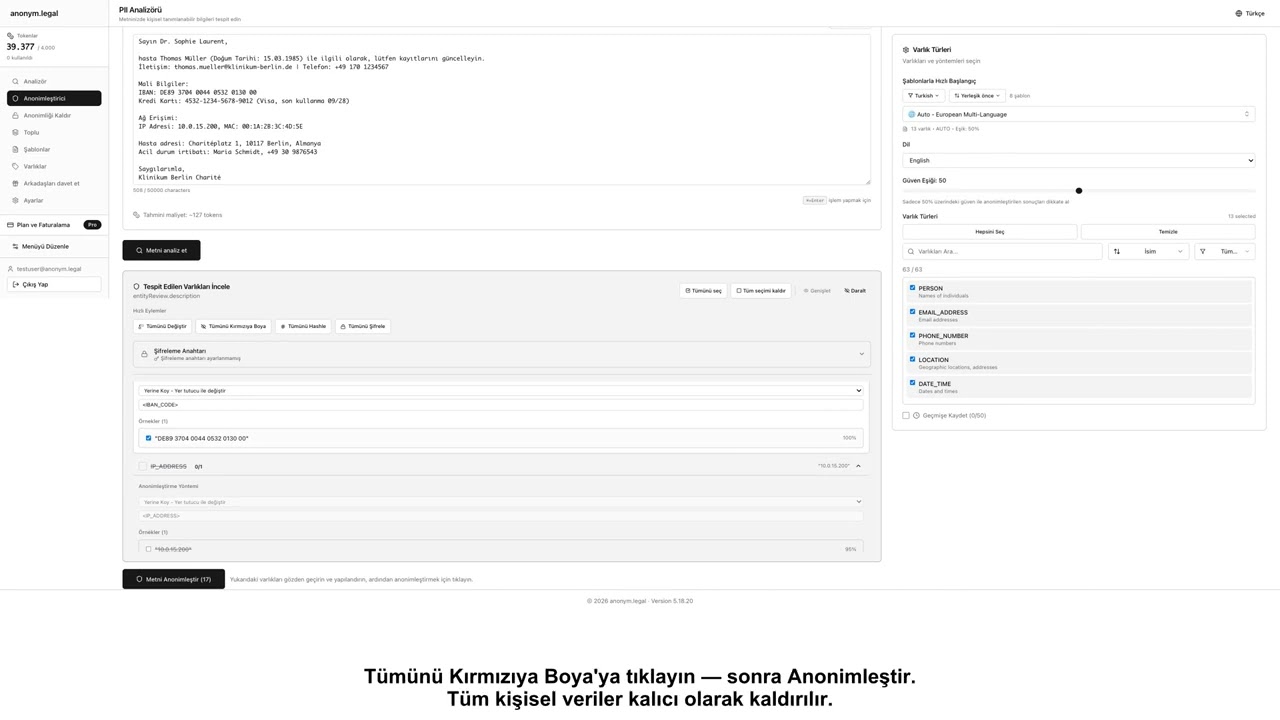 Metin, Dosya ve Belgelerdeki Kişisel Verileri Anonimleştirme — 285+ tür | anonym.legal Demo
