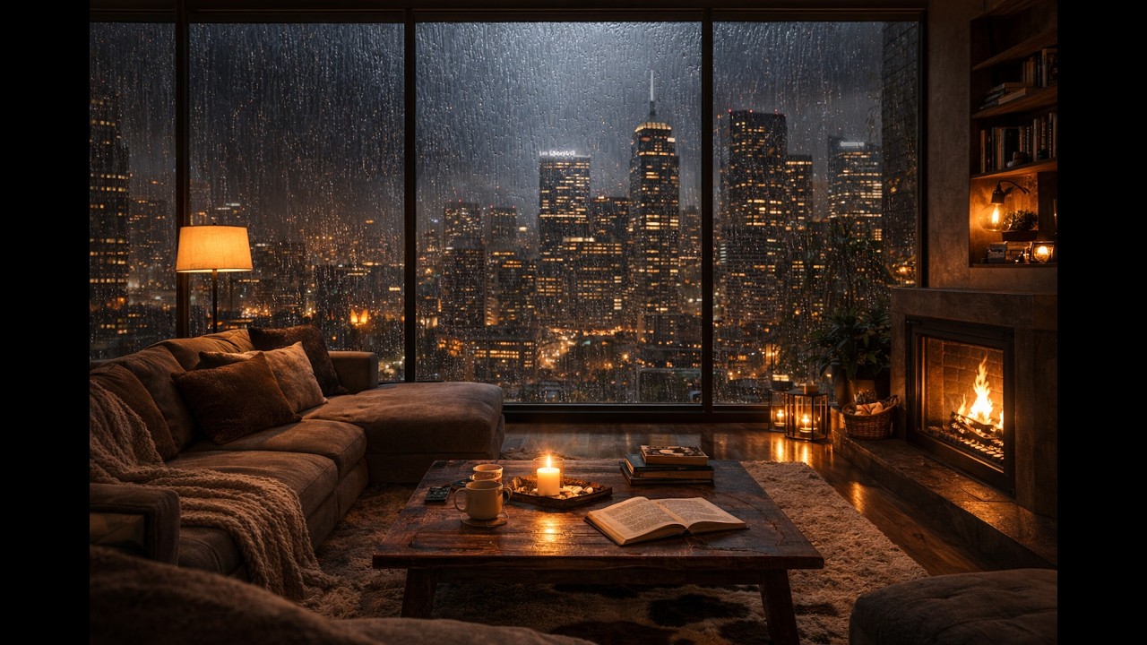 Rainy Night City View 🌧️ | Cozy Luxury Apartment Fireplace for Deep Sleep (6 Hours)