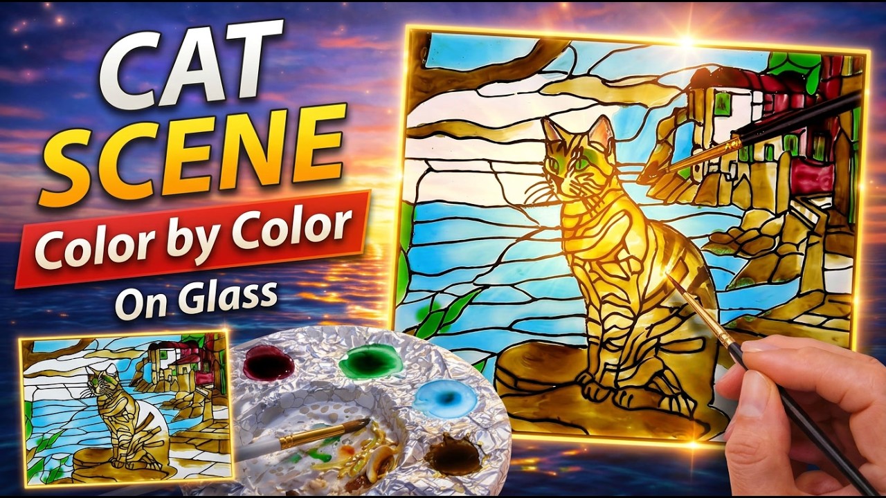 Painting a Stained Glass Cat by the Sea 🐾 First Layer on Glass (Relaxing Real-Time Process)