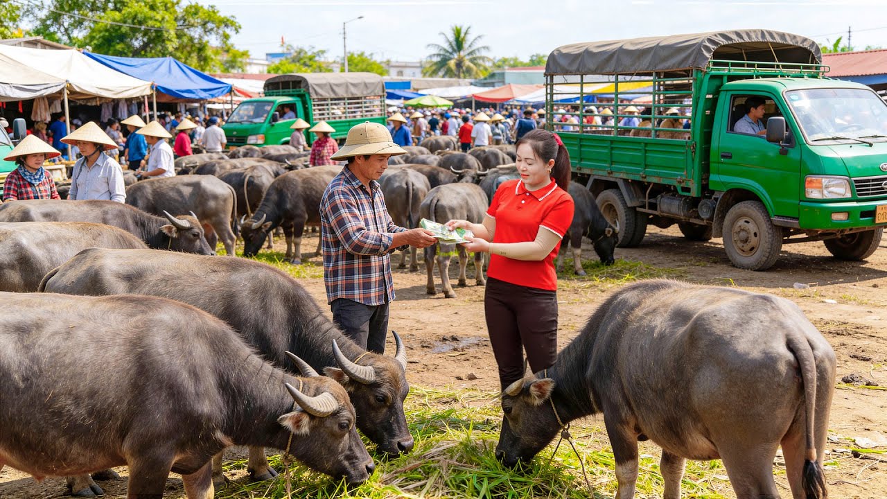 TIMELAPSE - Buy Many Buffaloes, Truck Transport to Countryside Market Sell, Massive Processing Scale