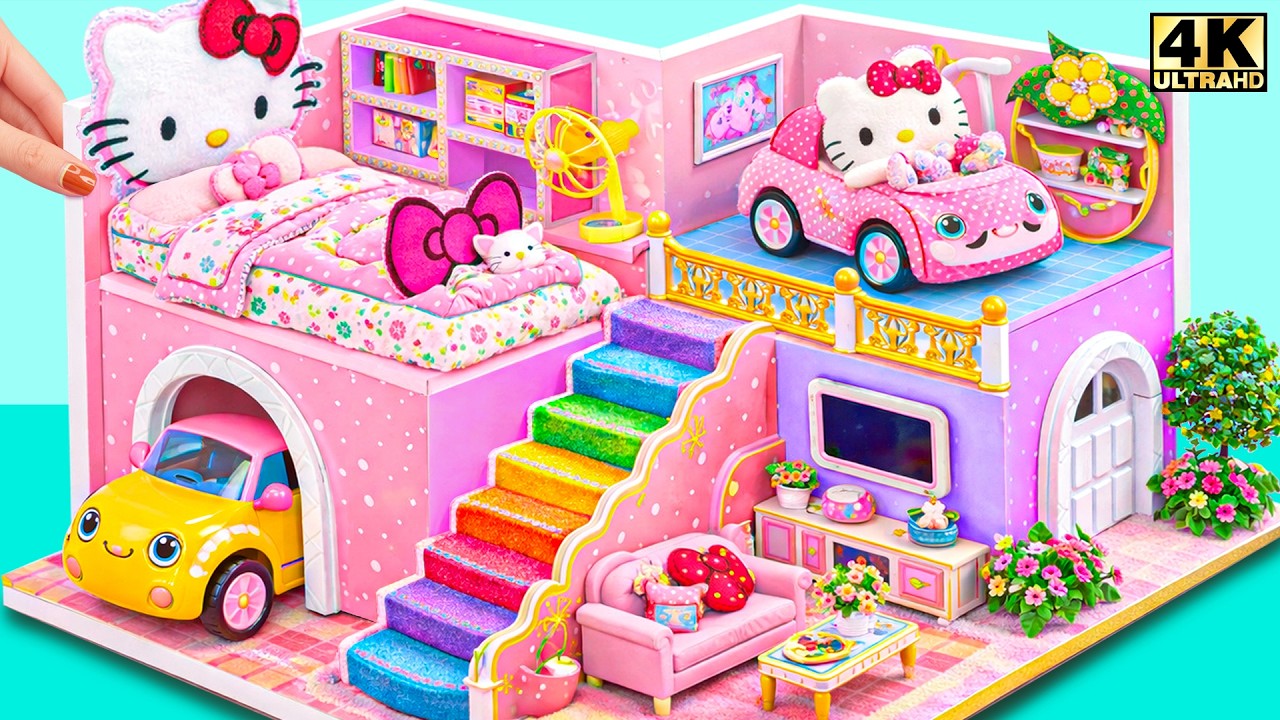 Build Hello Kitty Color Splash House with Rainbow Steps and Double Garage ❤️  DIY Miniature House