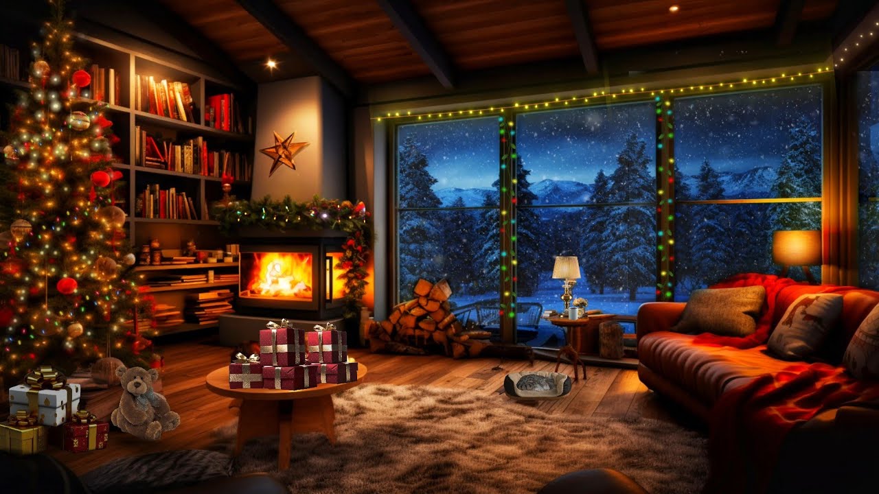 Cozy Christmas cabin ambience 🎄 | snowstorm and fire crackling sounds