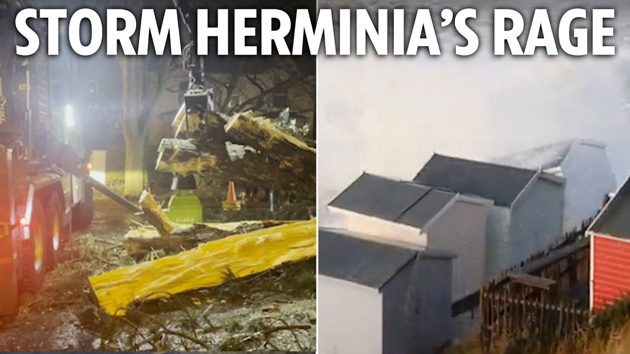 Storm Herminia’s destruction as pilots abandon landings and downpours follow killer gales