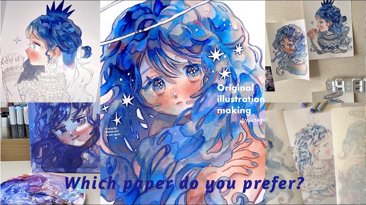 【コピック】どの紙に描くのが一番いい？・青髪の女の子メイキング5連🩵 オリジナルイラストメイキング#32 (おまけ付き)