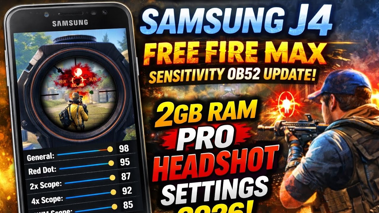 Samsung J4 Free Fire MAX Sensitivity OB52 Update | 2GB RAM Pro Headshot Settings 2026