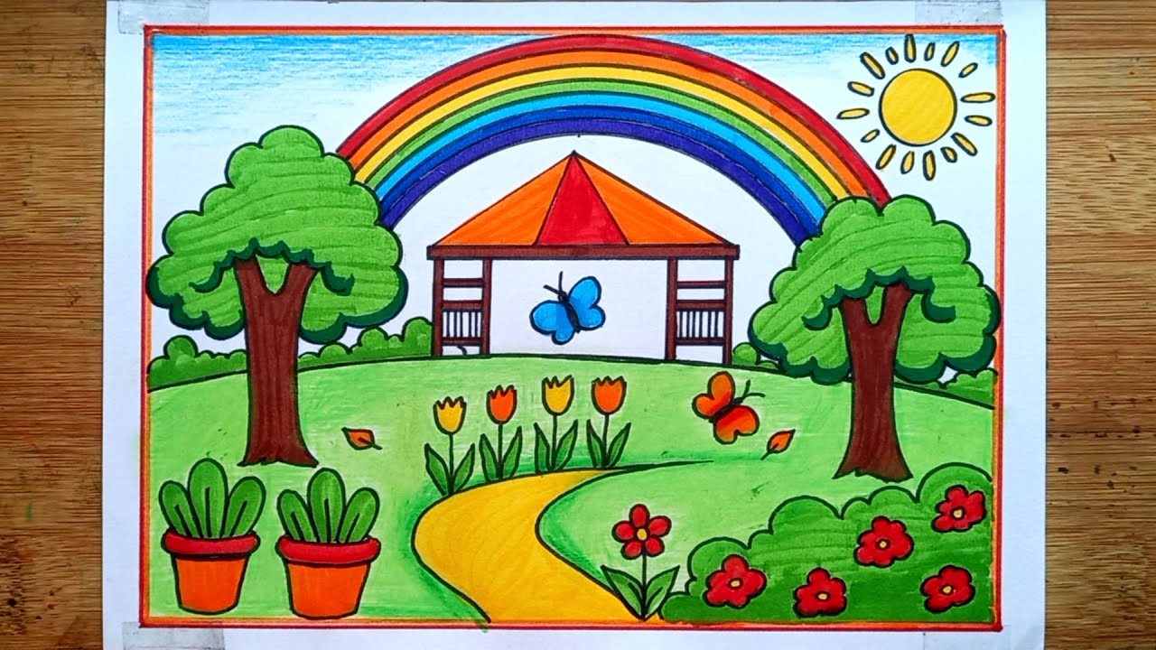 Easy Garden With Rainbow Scenery Drawing/How To Draw Flower Garden Drawing/Rainbow Scenery Drawing