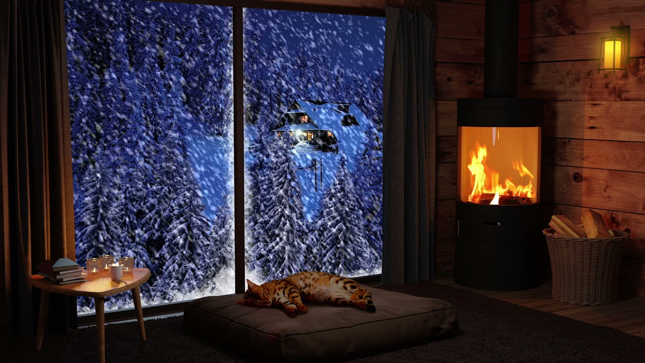 10 Hours - Cozy Hut with Crackling Fireplace, Snow and Wind - Winter Ambience Sounds for Sleeping