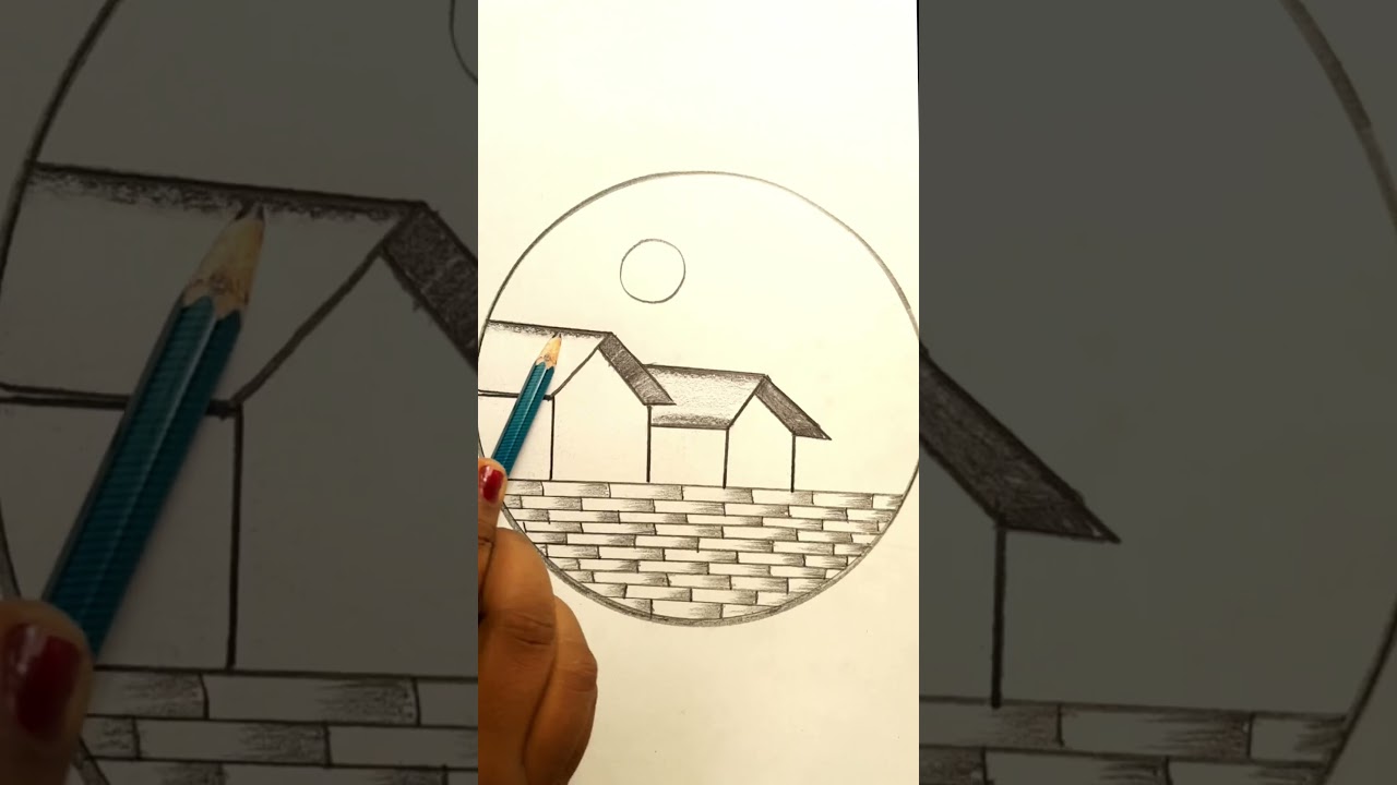 Village Scenery Drawing With Pencil | How To Draw Village Scenery In Circle | Pencil Sketch