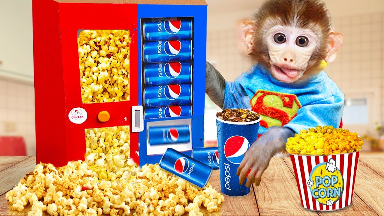 Baby Monkey Bi Bon playing with POPCORN PEPSI Vending Machine so funny | Animals Home Monkey