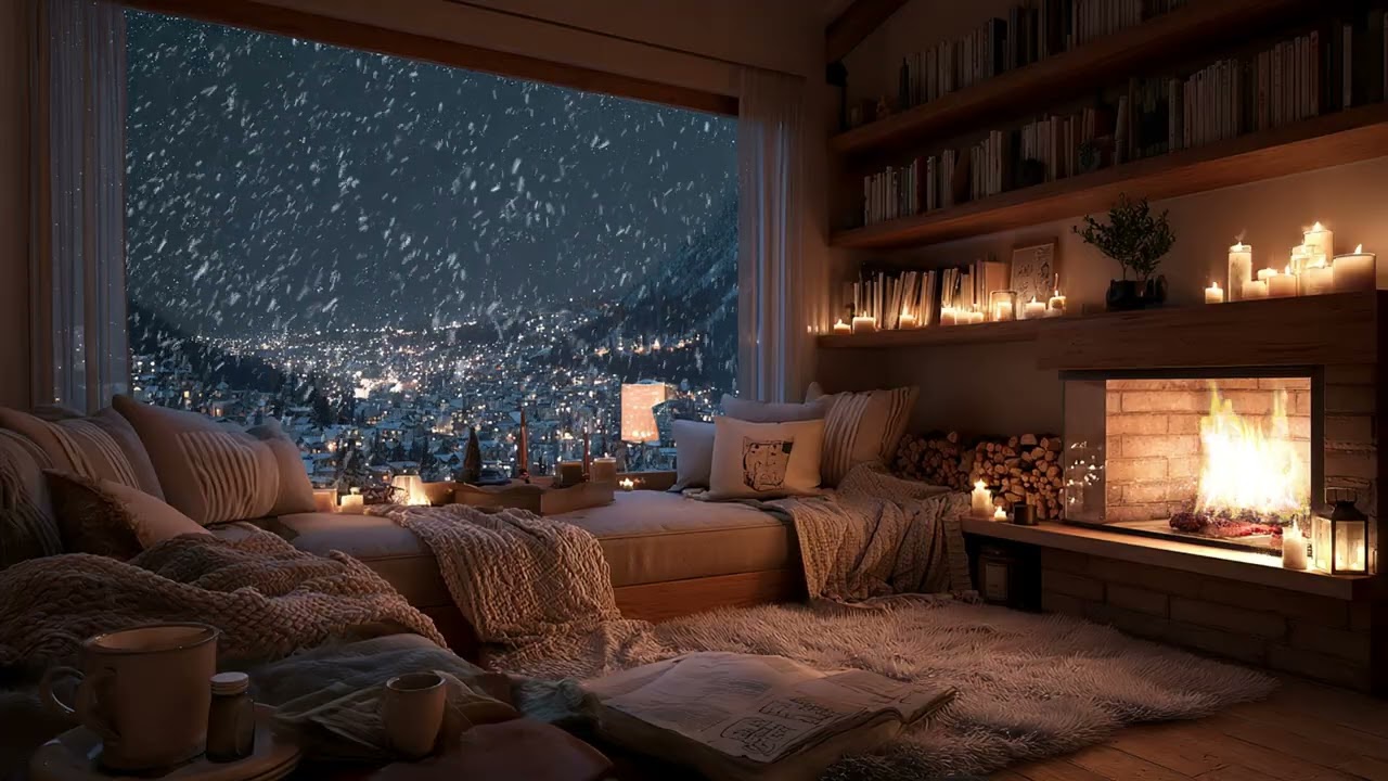 A Quiet Room Above the Snowy City Where Firelight Softens the Night and Time Slows Down