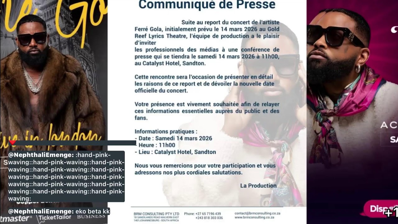 L'artiste Ferre Gola Concert et report,conference de presse et samedi 14 mars a11h00 a hotel cataly