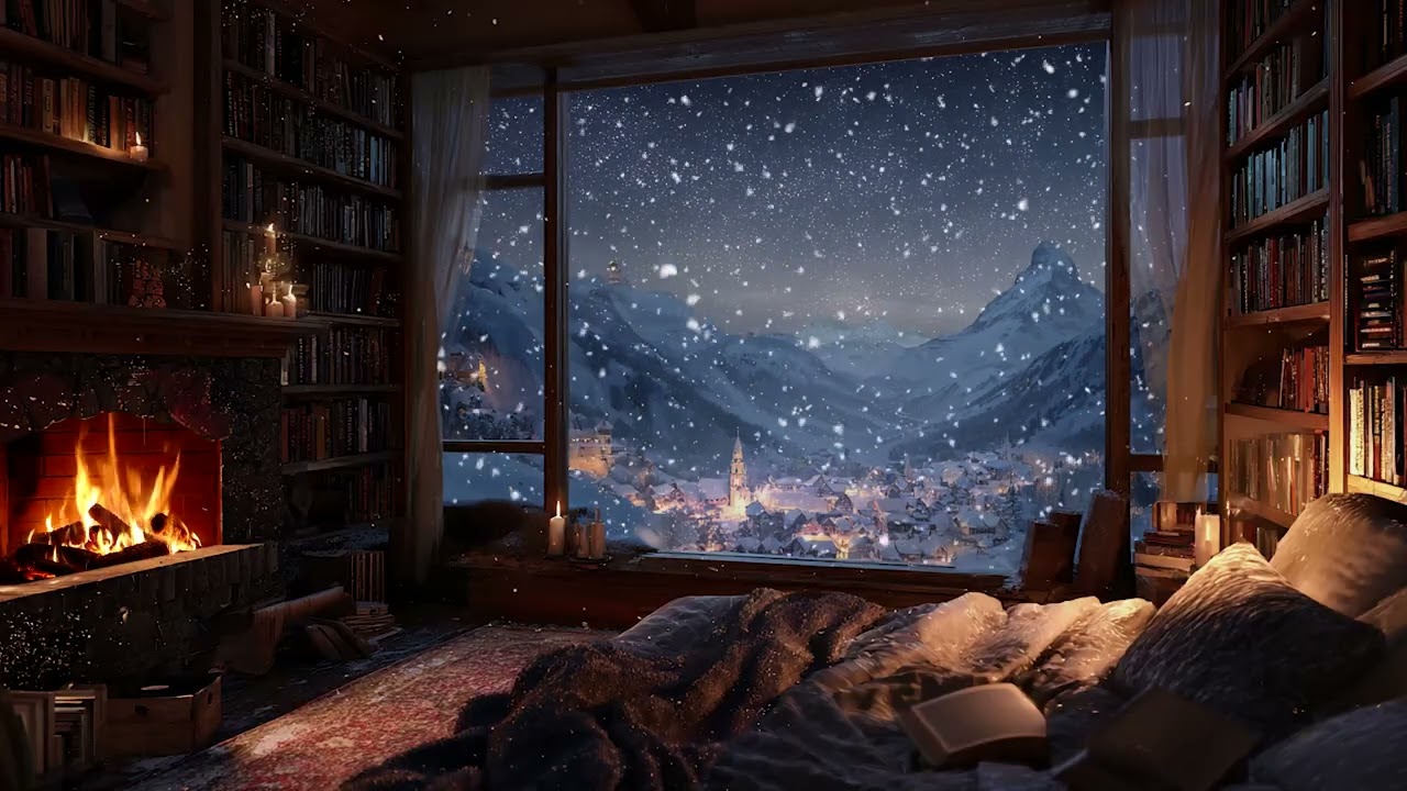 Peaceful Snowy Cabin Night | Soft Fireplace Crackles and Light Snow for Deep Sleep