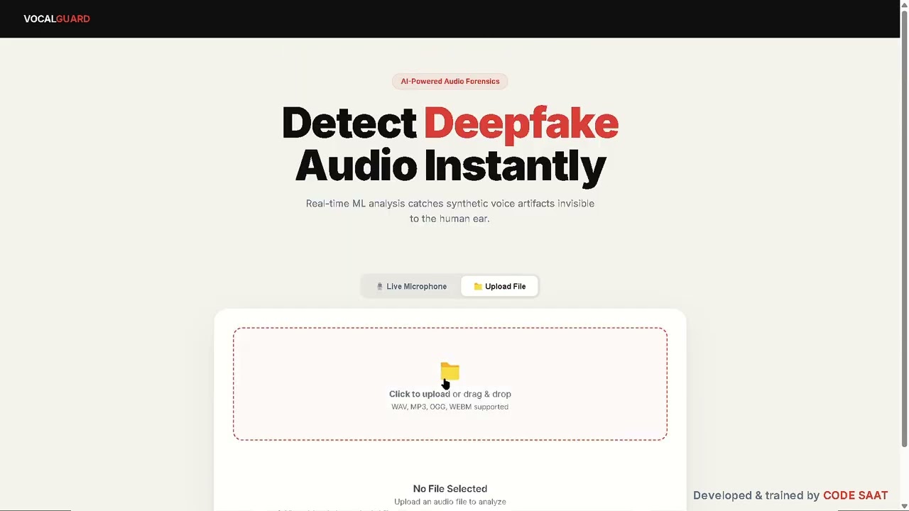 VOCAL GUARD-AI DEEPFAKE AUDIO DETECTOR | DEVELOPED BY CODESAAT