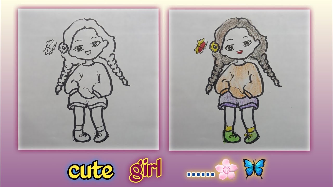 Very easy cute girl drawing and coloring 
