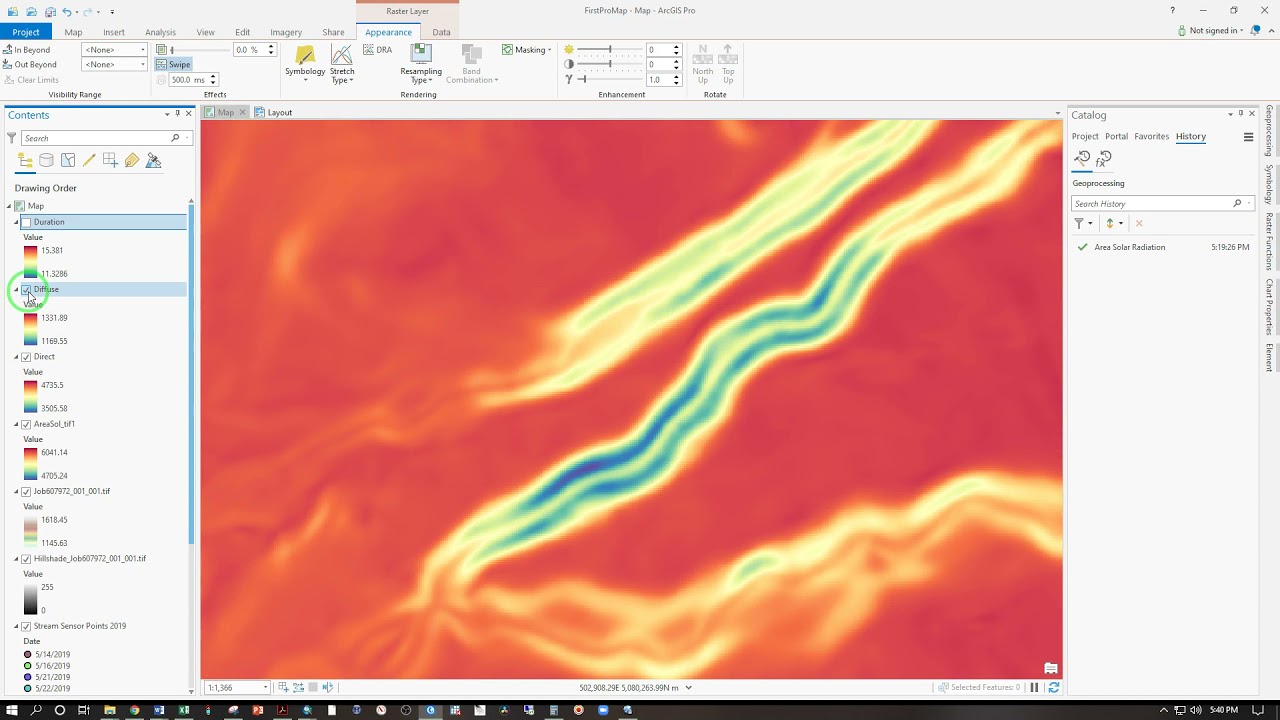 GIS 300 Week 11: Loading an elevation model, generating an area solar radiation model in ArcGIS Pro