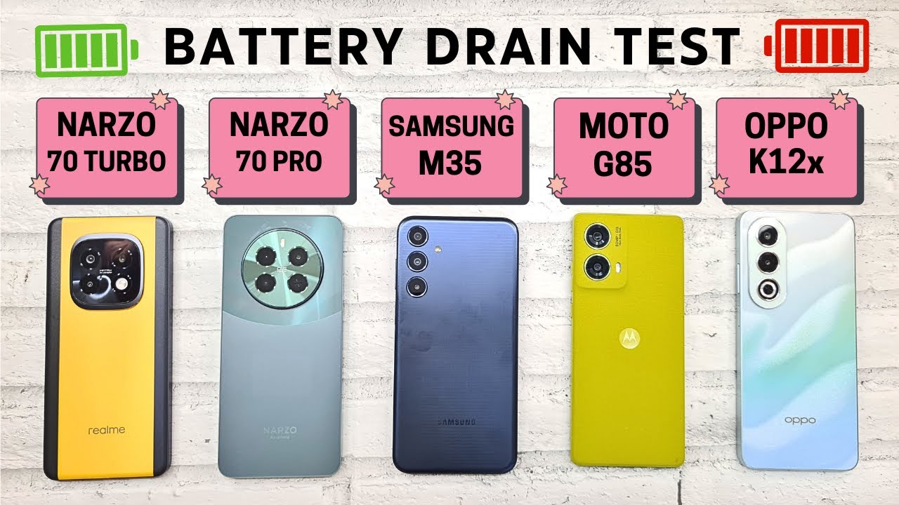 Narzo 70 Turbo vs NARZO 70 Pro vs Samsung M35 vs MOTO G85 vs OPPO K12x 🔋Full *BATTERY* Drain Test🔥