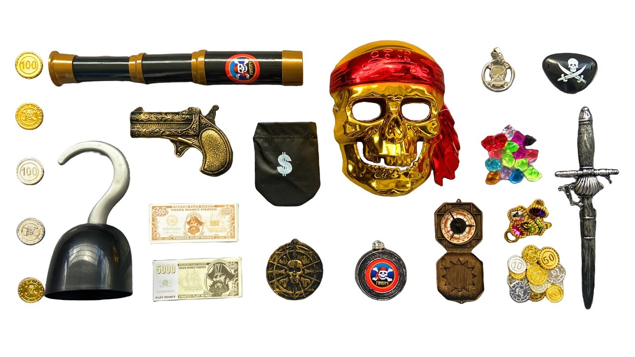 Realistic pirate series toy set unboxing-Golden Skull Mask, Gold coin, Precious stone