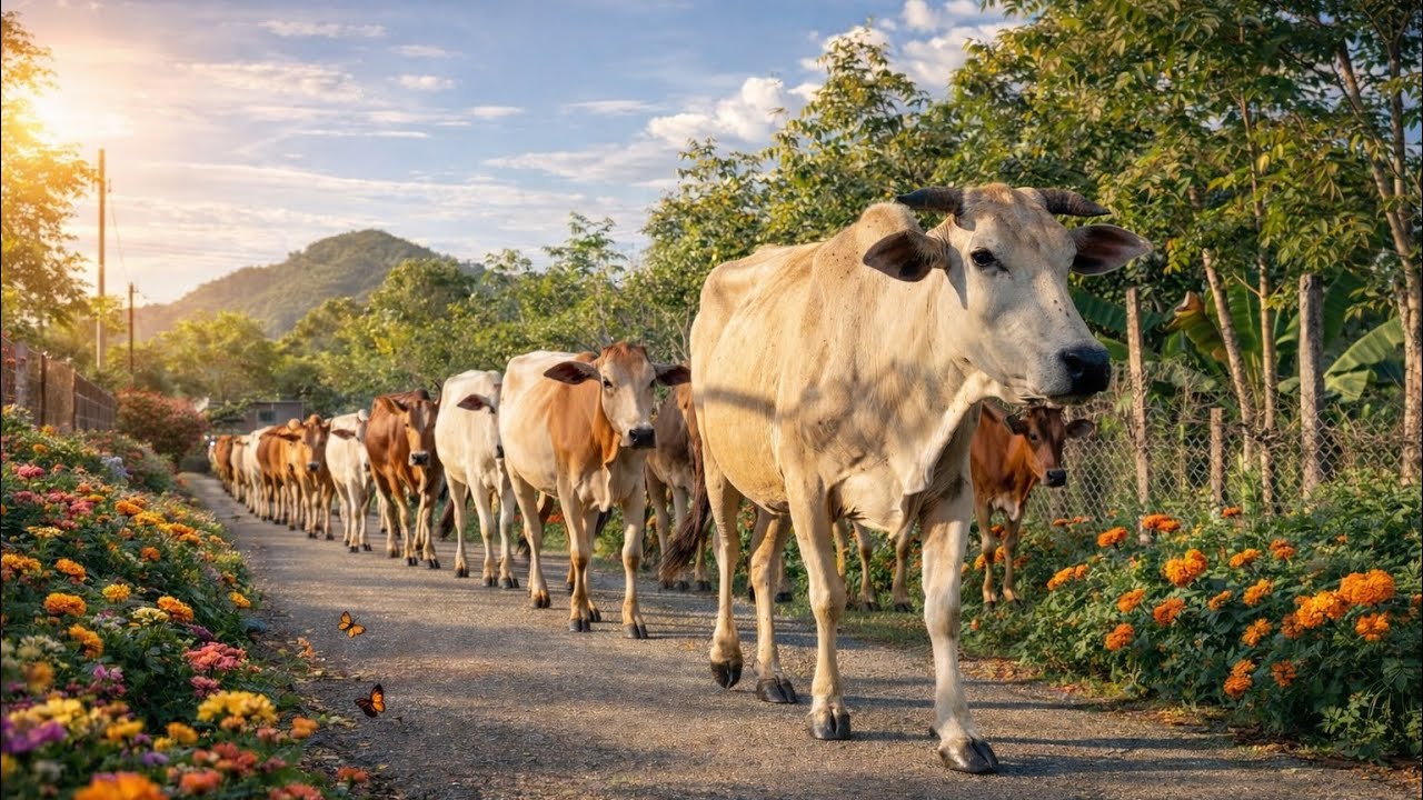 Dozens of strong and healthy cows strolling in the afternoon.