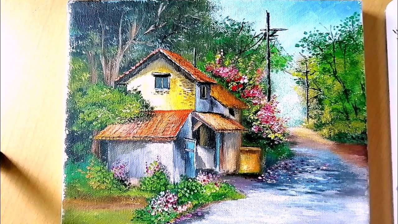 Acrylic Painting / Village house along road / Landscape Scenery #art #how #drawing #diy #tutorial