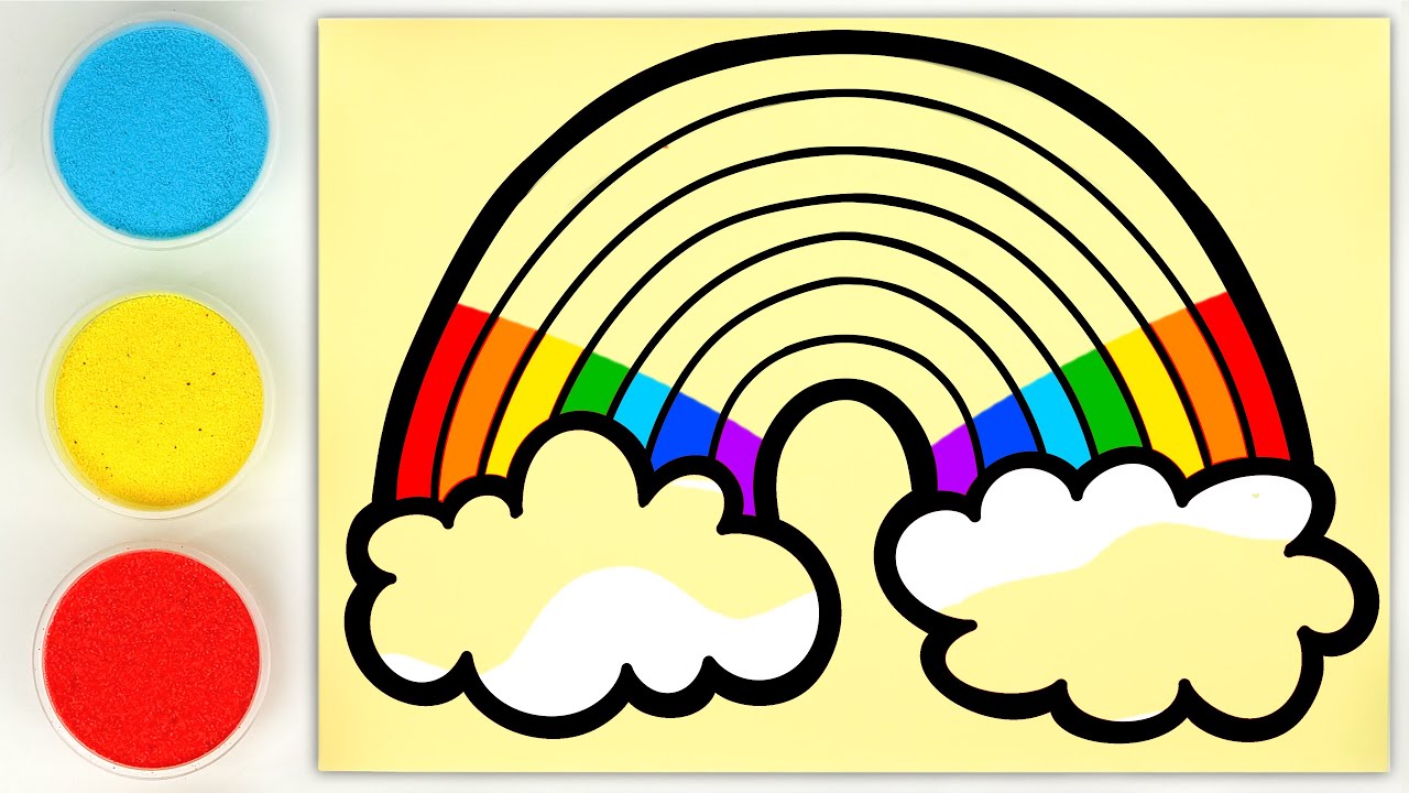 Sand Painting Rainbow with Two Clouds, Angel, Fish and Girl with Toy Bunny