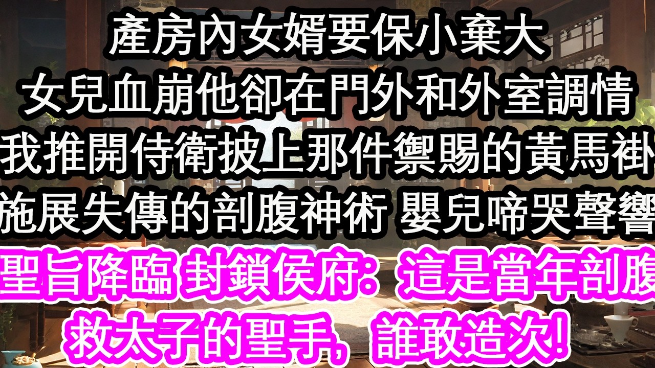 產房內女婿要保小棄大女兒血崩他卻在門外和外室調情我推開侍衛披上那件禦賜的黃馬褂施展失傳的剖腹神術 嬰兒啼哭聲響聖旨降臨 封鎖侯府：這是當年剖腹救太子的聖手，誰敢造次！【花開】【愛情】【生活】