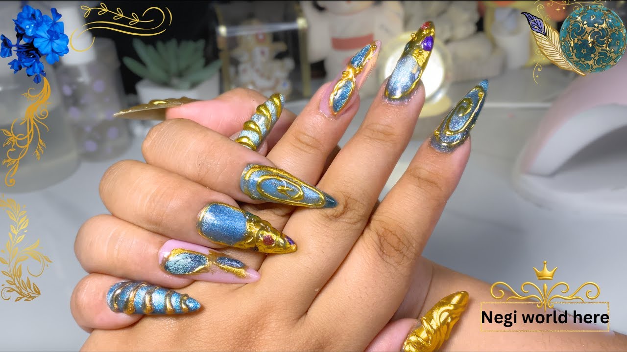 ✨ Cat Eye Blue & Gold Chrome 3D Nail Art ASMR 💙 | Long Stiletto Nails