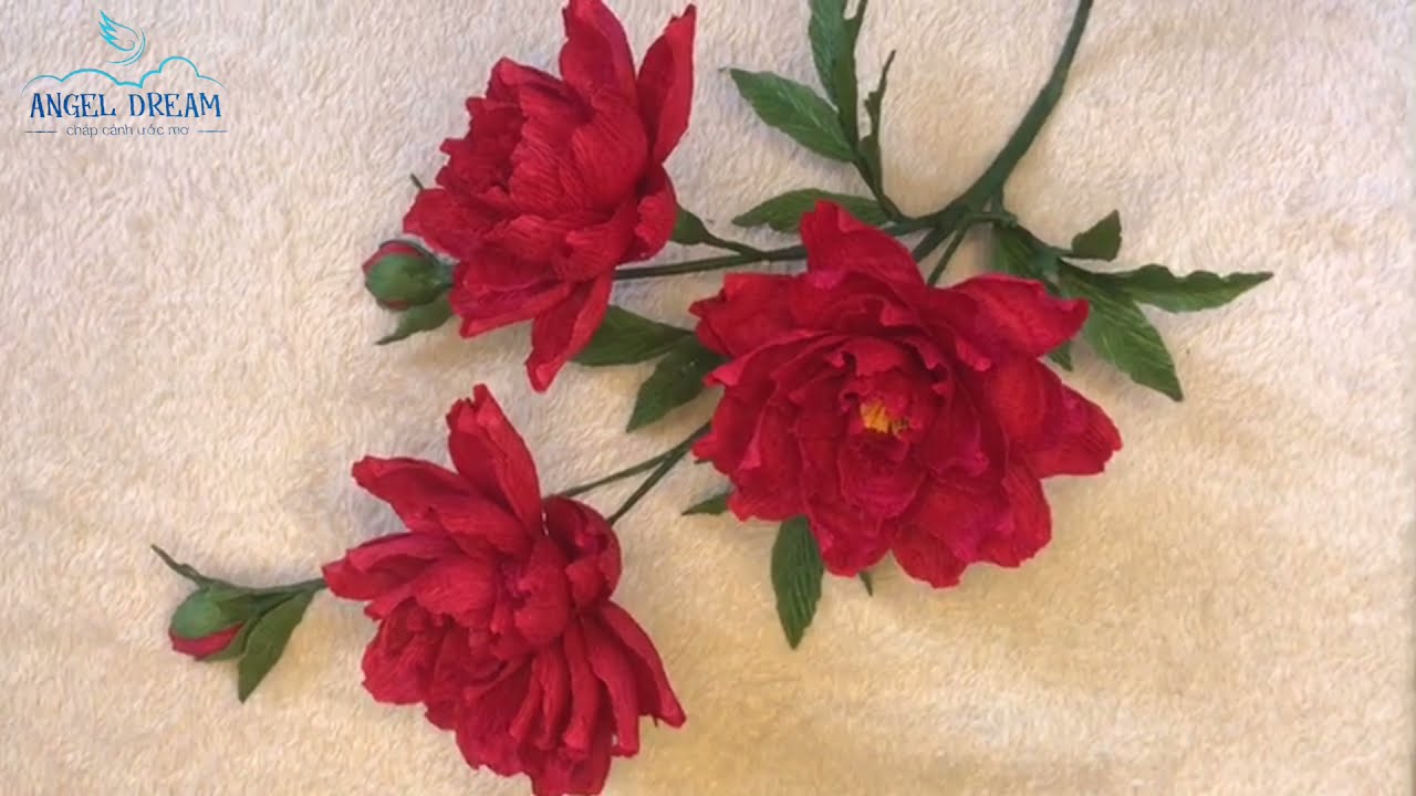 Làm hoa mẫu đơn đỏ bẳng giấy nhún đơn giản/crepe paper peony flower tutorial/ちりめん紙牡丹の花チュートリアル / DIY