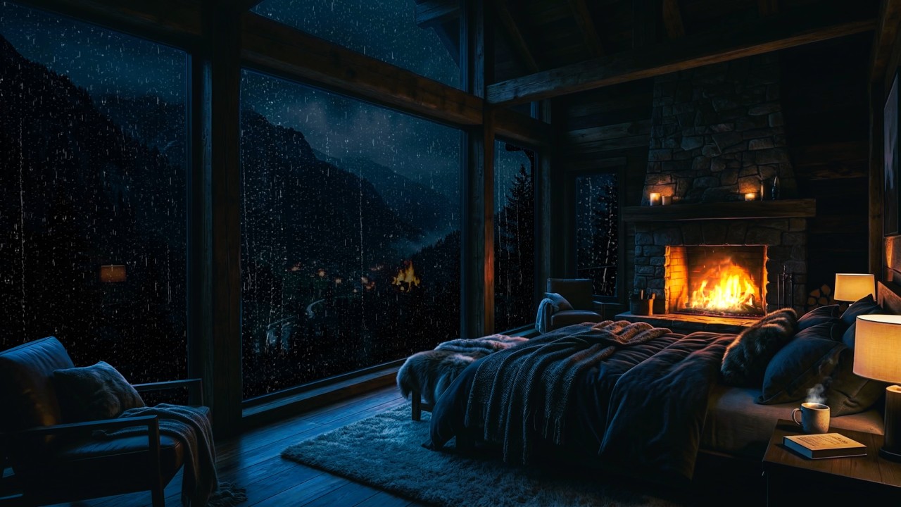 Cozy Rainy Night in Cabin Bedroom 🌧 Rain Sounds for Deep Sleep & Fireplace