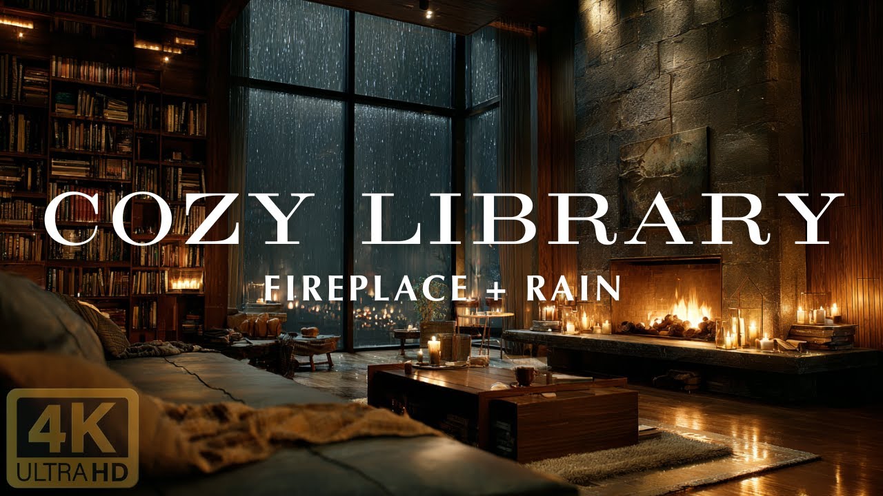 Cozy Library Fireplace + Rain Ambience 4K (1 Hour) | Crackling Fire & Rain Sounds (No Music)