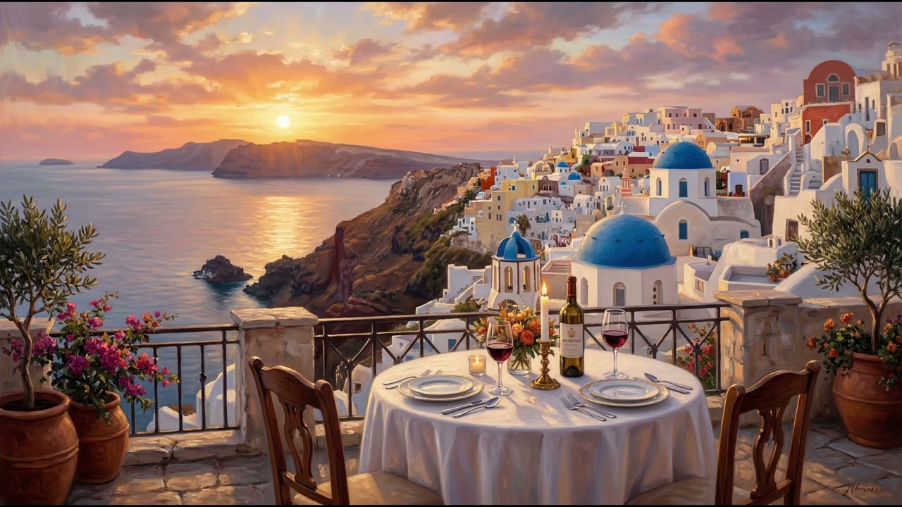 Dinner in Santorini | Romantic Sunset Restaurant Ambience (1 Hour)