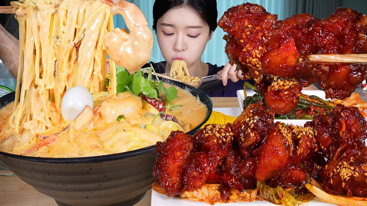 ASMR MUKBANG | Кремовая лапша с морепродуктами (Чжамппон), Острая жареная курица с чесноком 🍗 Кимчи