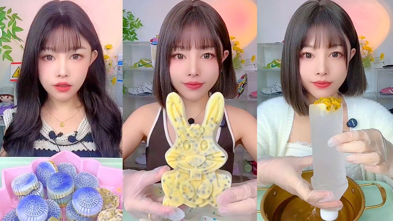 Blue Crystal Jellies Bunny Candy Dessert and Frosted Ice Drink Mukbang