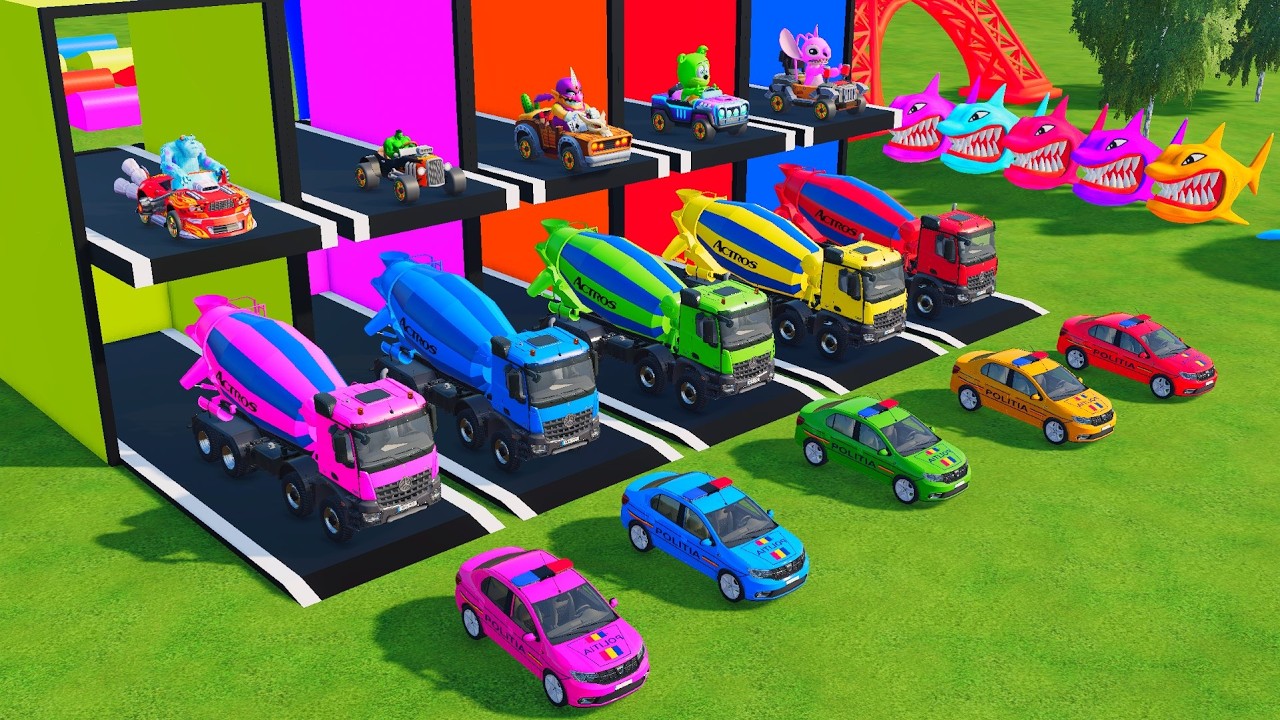 Garage with Colors - ALL MIXER TRUCK WITH DOUBLE FLATBED TRAILER TRUCK, TESLA, PETERBILT, MAN - FS22