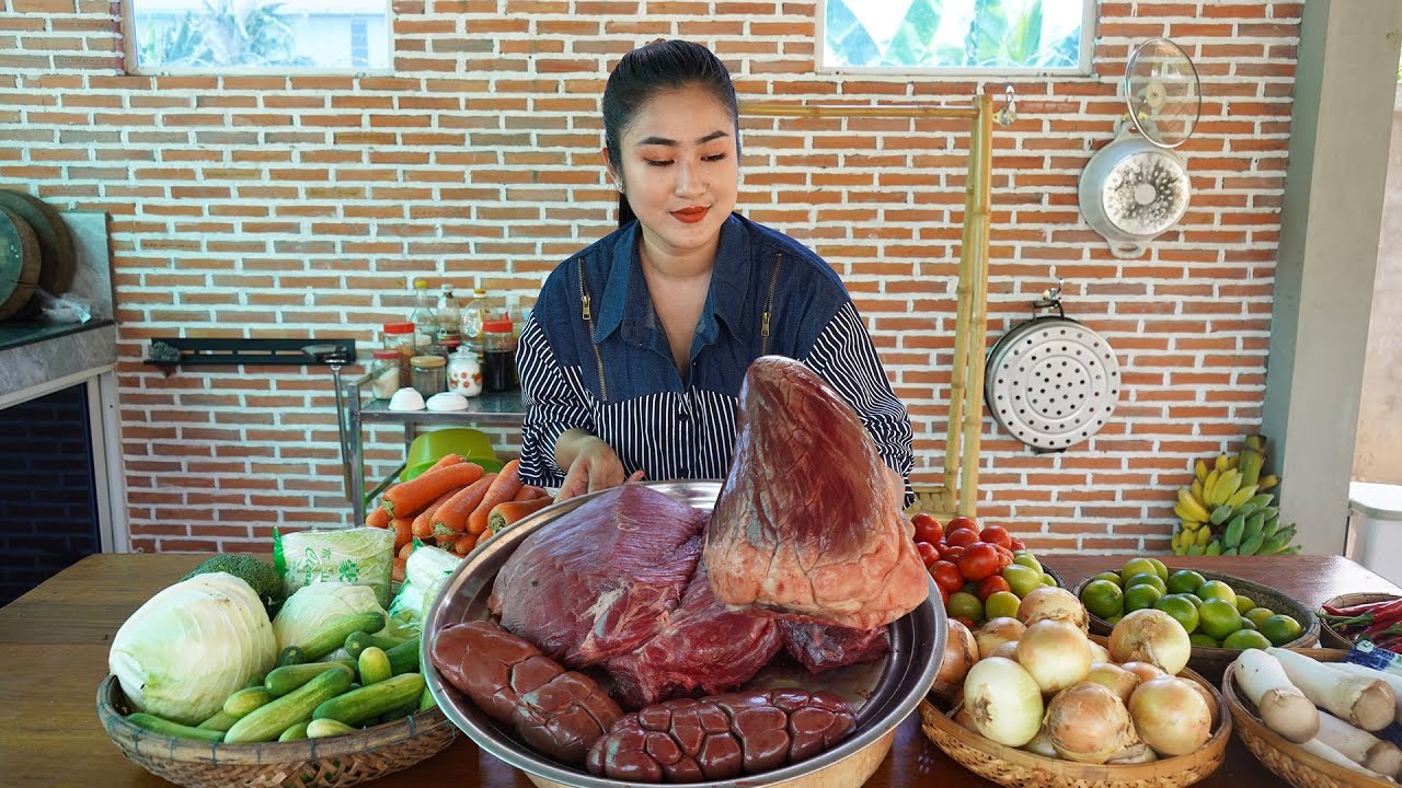 Beef heart, beef kidney, beef cooking - Delicious country food recipe - Cooking with Sreypov