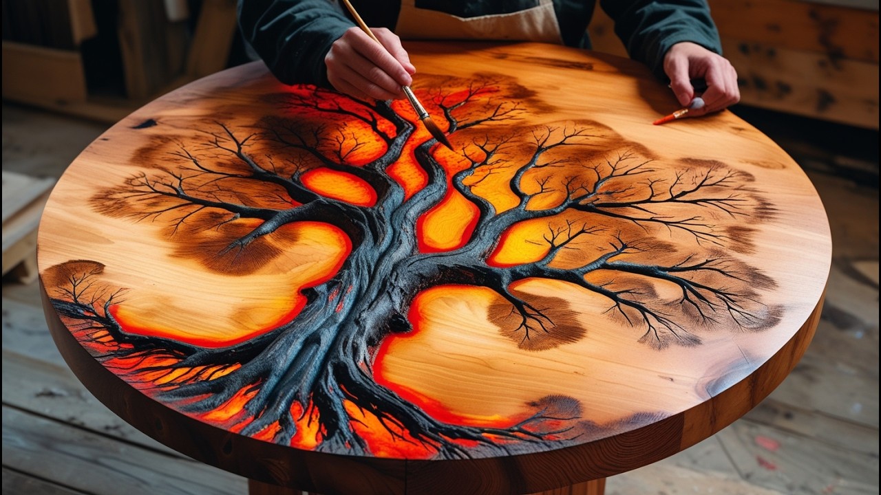 Unique Wooden Table Masterpiece; Lichtenberg Electroburning Art On Solid Wood With Epoxy Inlay