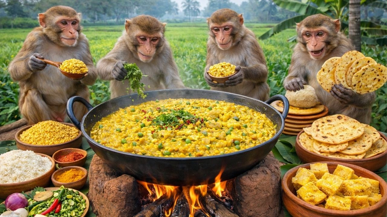 बंदरों ने देसी तरीके से बनाई खिचड़ी 😲  Monkeys Made Khichdi in Desi Way