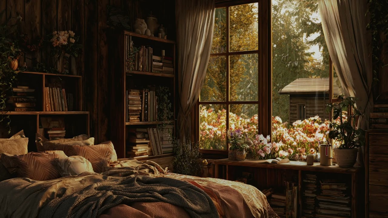 Rainy Piano in a Cozy Wooden Bedroom Overlooking a Flower Garden 🌧️🌸 Soft Relaxing Music for Sleep