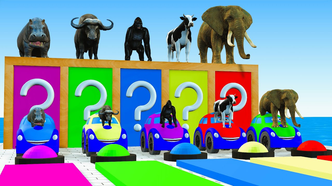 Long Slide Game With Cow Elephant Gorilla Hippopotamus Tiger - 3d Animal Game - Funny 3d Animals