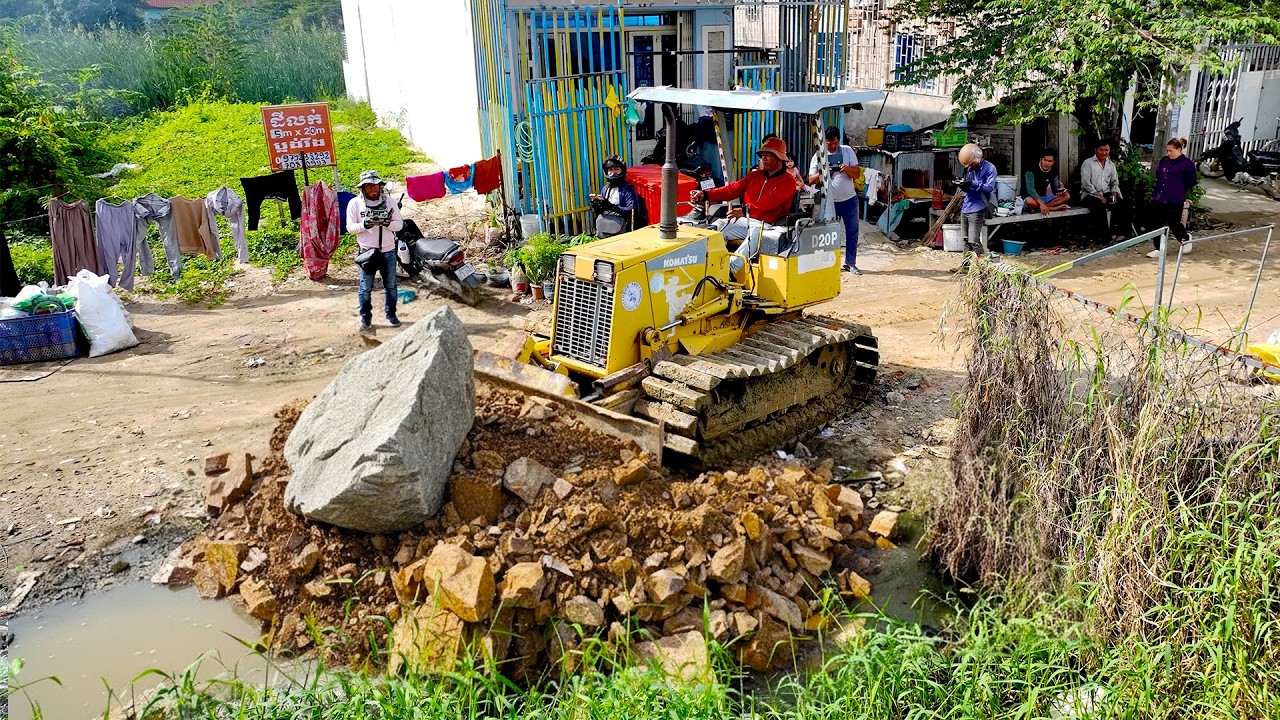 First Start Amazing Project! Landfill on Flooded Area Using Dozer D20P Pushing RockSoil Into Water