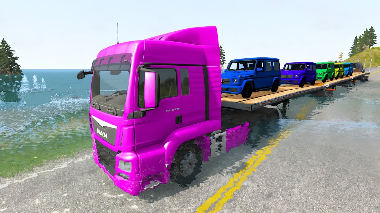 Flatbed Truck McQueen | Transportation with Truck - Pothole vs Car #7 | BeamNG.Drive Gameplay