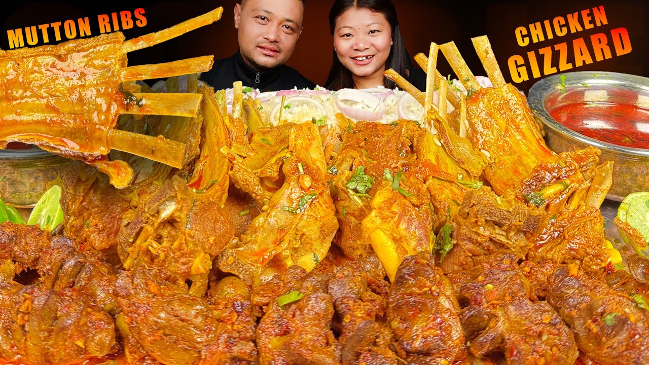 Nepali Mukbang | Spicy Chicken Gizzard | Huge Mutton Ribs Curry & Rice | Eating Spicy Food