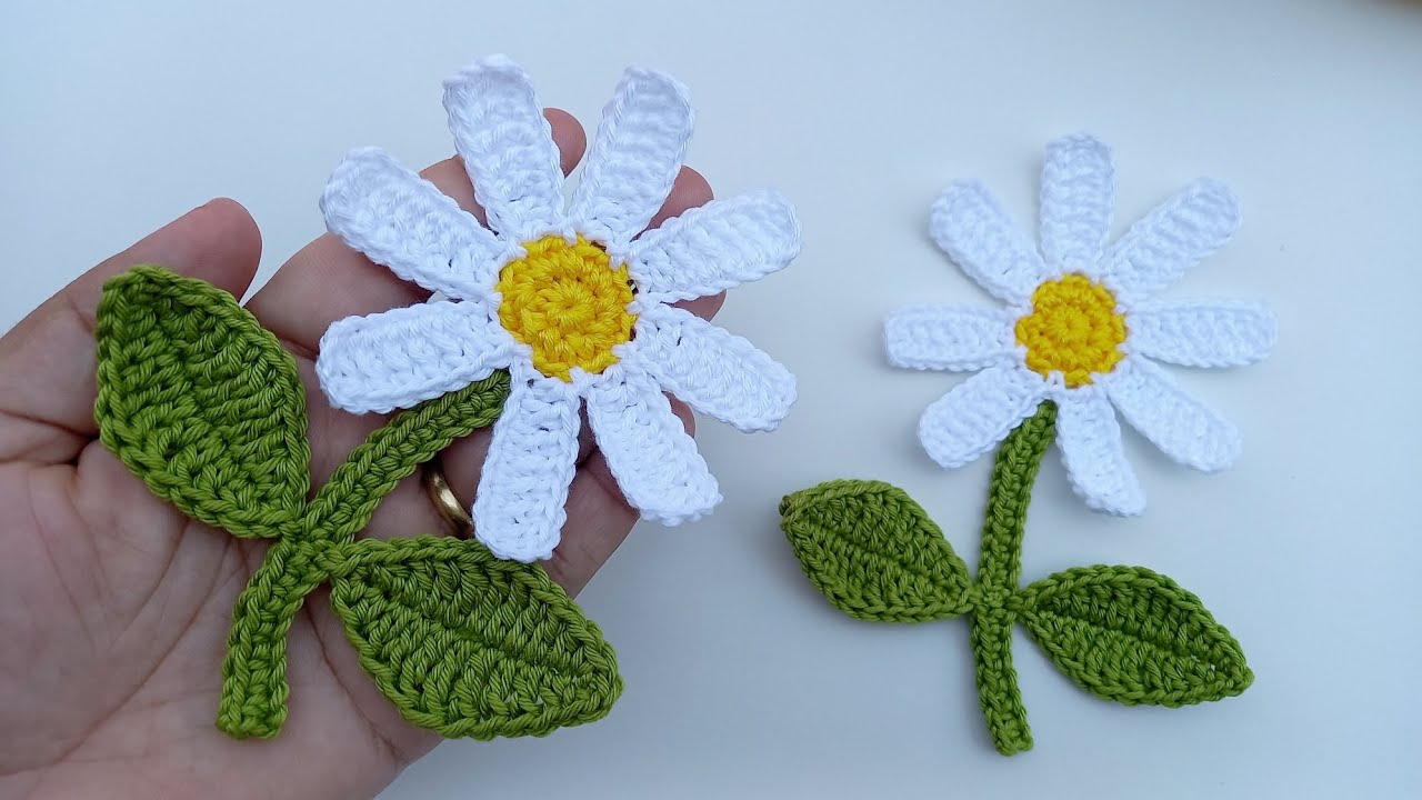 FLOR MARGARIDA EM CROCHÊ PARA APLICAÇÃO - flor e folhas em crochê