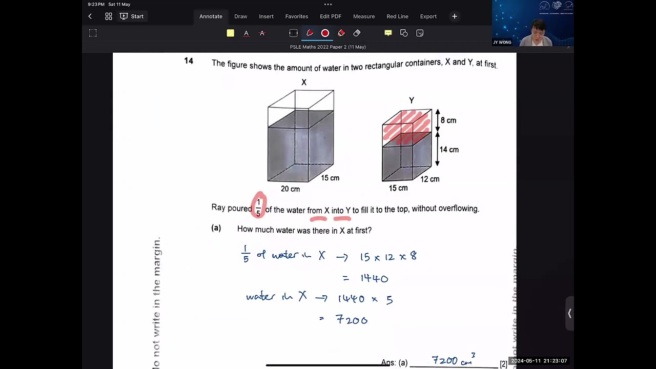 Answers to PSLE Math 2022 Paper 2 Question 14 (Volume and Height of Tank X and Tank Y)