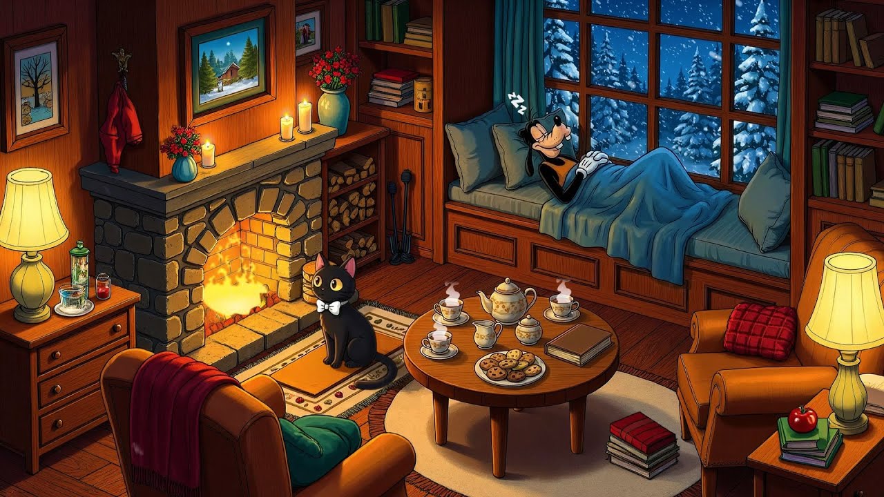 1950's Cozy Night by the Fireplace with Vintage Oldies Playing in Another Room for Unwind