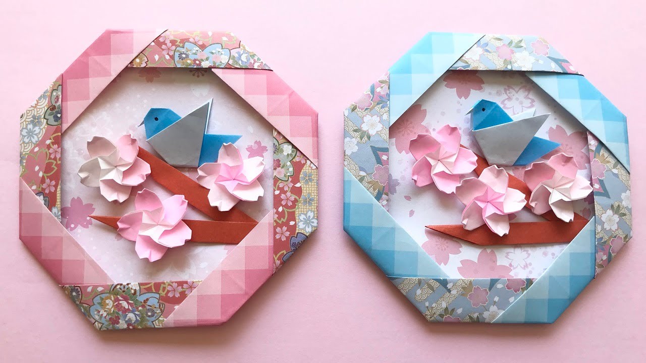 折り紙 桜の花と小鳥のリース 折り方 Origami bird and Sakura flower Cherry blossoms wreath tutorial（NiceNo1）