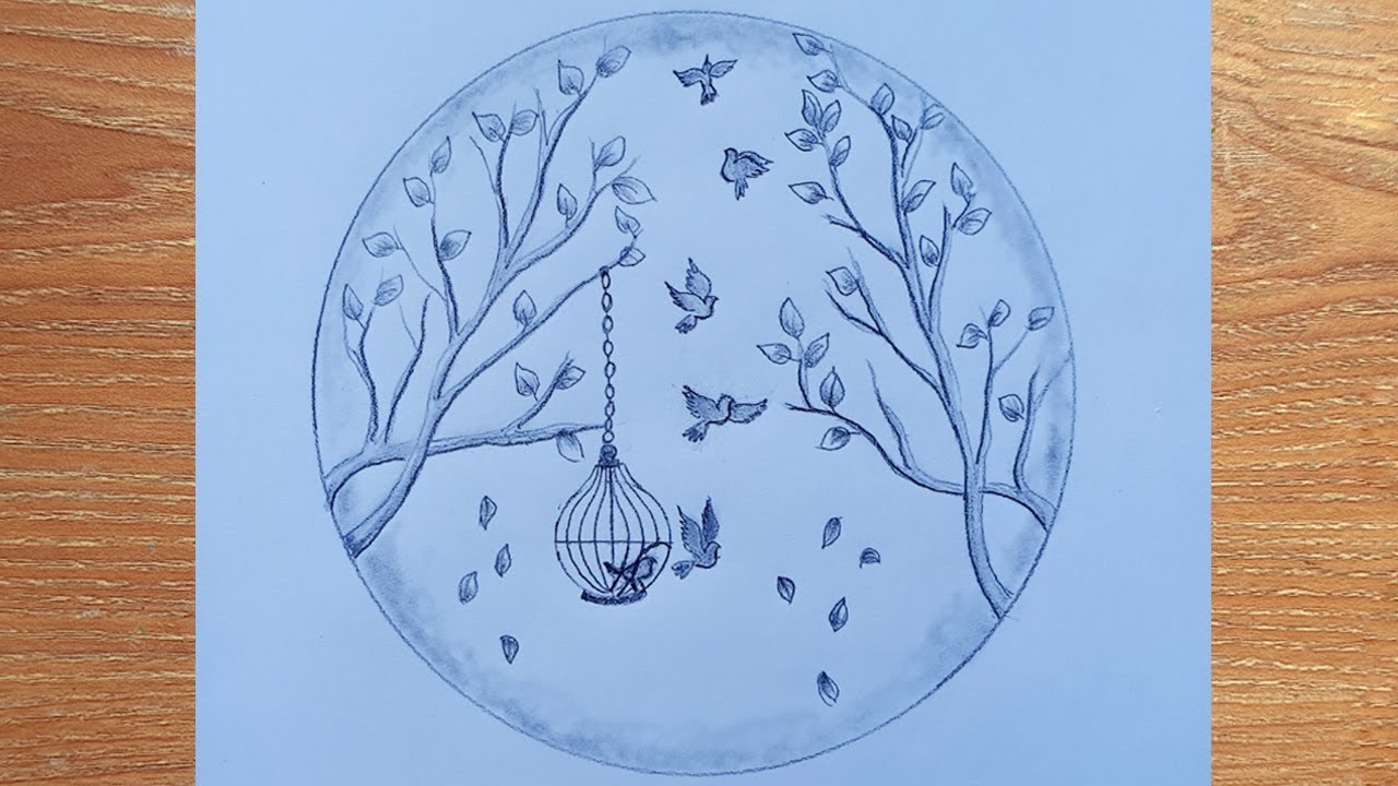 How to draw free birds scene step by step