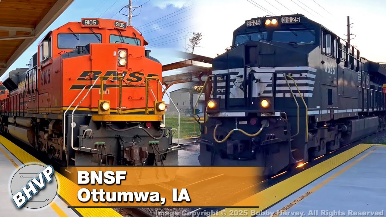 Two BNSF coal trains, including NS power in Ottumwa, IA, late spring 2025