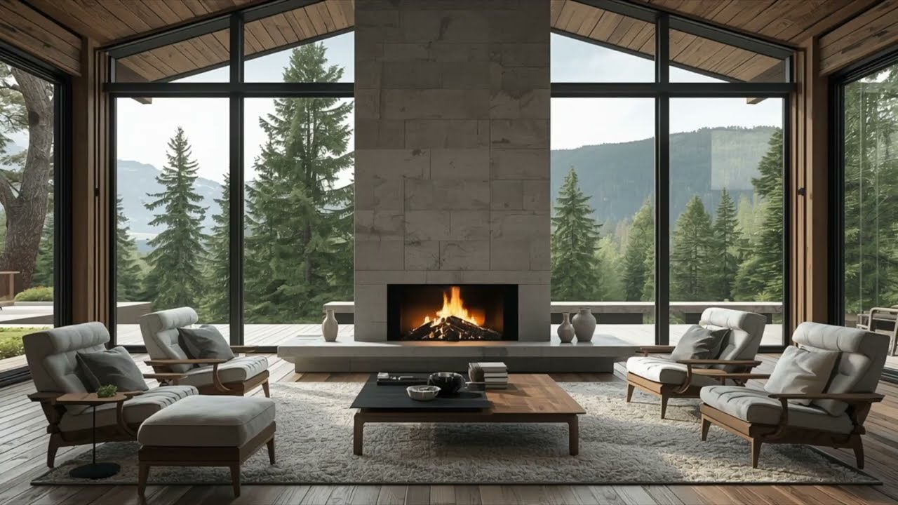 Luxury Forest Cabin Interior Calm Fireplace Ambience For Meditation And Relax