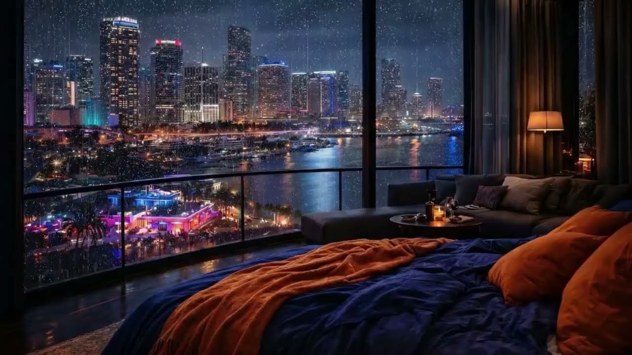 10 Hours of Rain on City Skyline 🌧️ Luxury Apartment Night Ambience for Sleep & Study